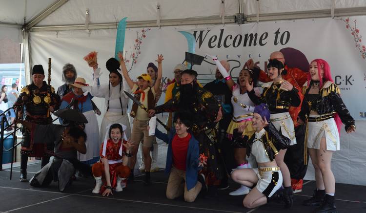 The whole cosplay crew all together for a photo op.